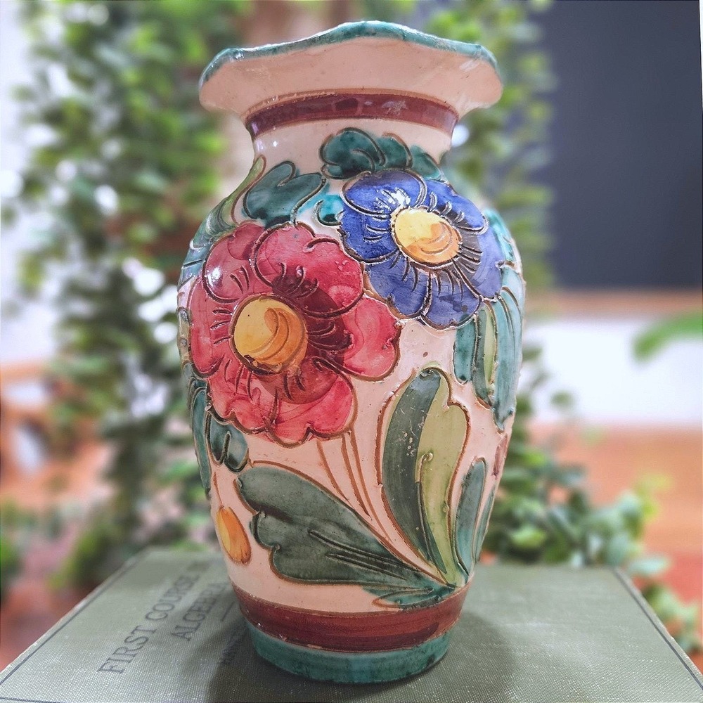 Vintage Italy? Hand Painted Floral and Sailboat Ceramic Bud Vase Ruffled Rim